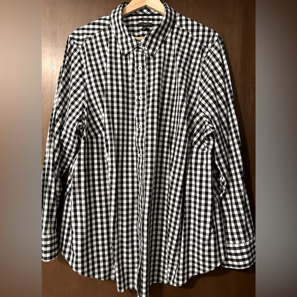 Talbots Women Navy Check Button Down No-Iron Long Sleeve Blouse Size 18W
